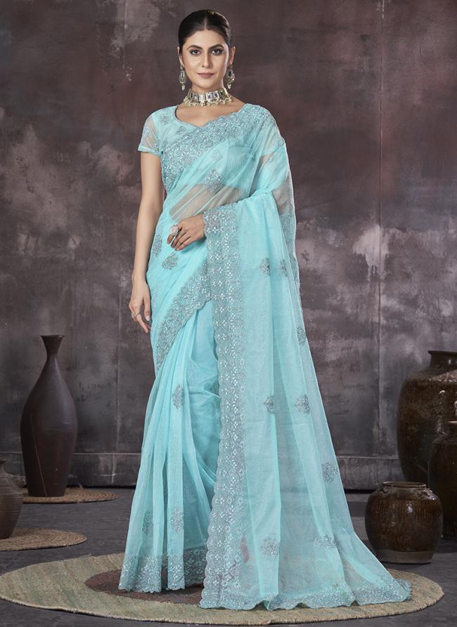 Organza Sky Blue Party Wear Embroidery Work Saree